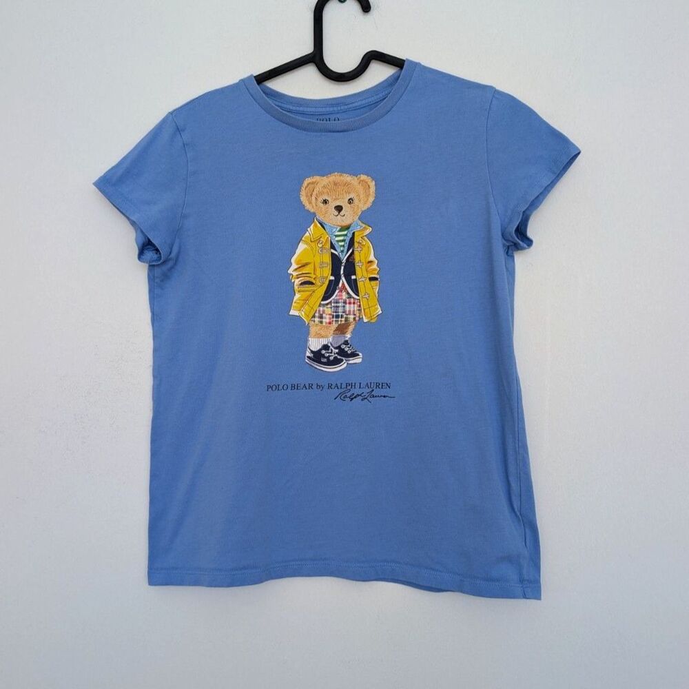 Polo Ralph Lauren Blue Polo Bear Girl Yellow Rain Jacket Print Sz Kids L